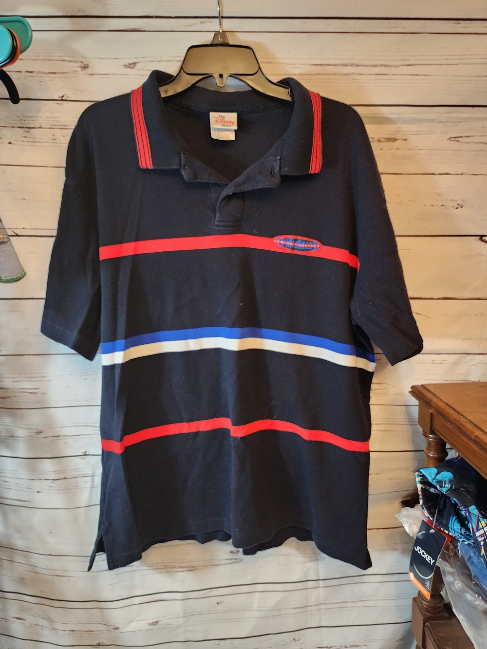 Disney Men's Navy Polo with Red, Blue & White Stripes Mickey Mouse